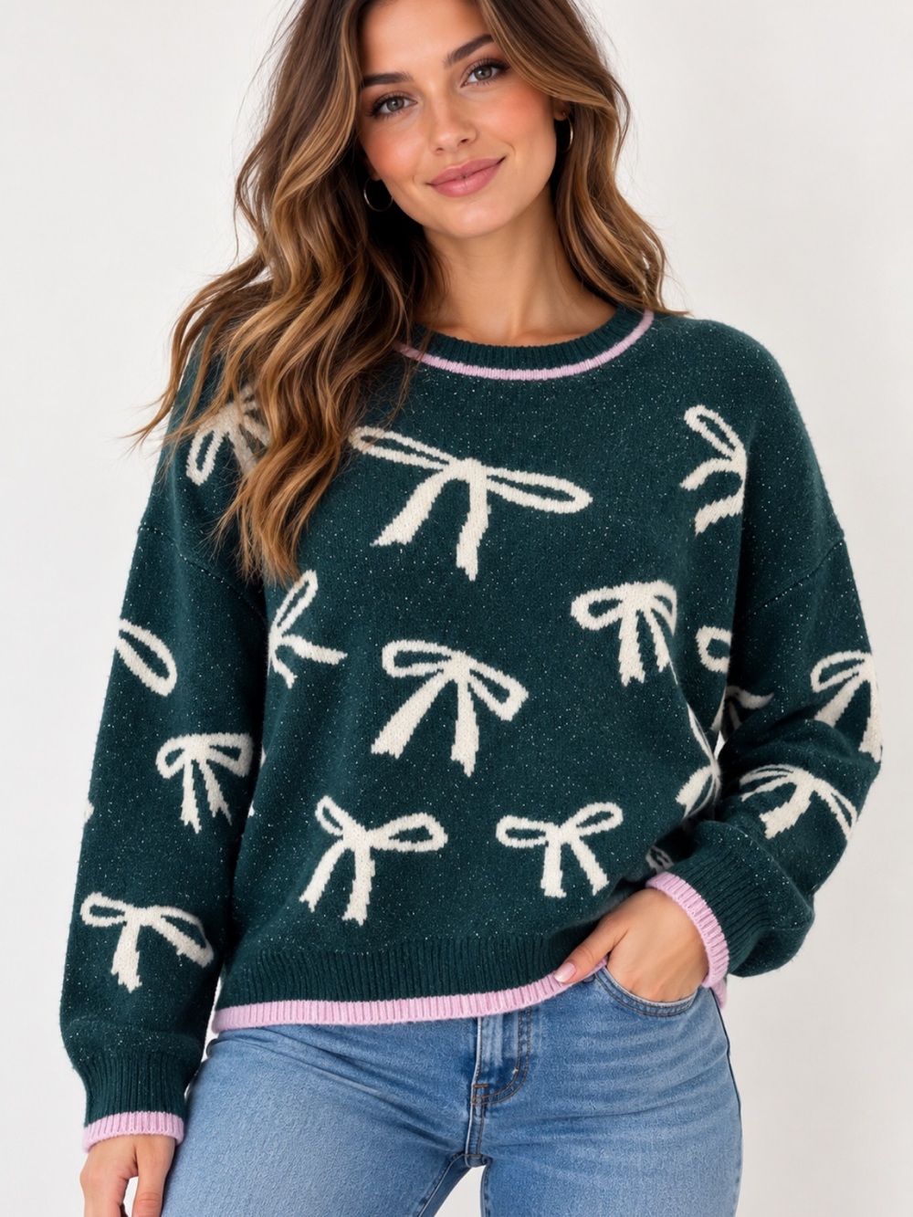 C&C California Green Bow Coquette Sweater Pink Trim Size L NWT🎀